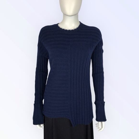 Nordstrom 100% Cashmere Sweater Navy Blue Crew Neck Hi Lo Pullover Sz Smal - Picture 1 of 5